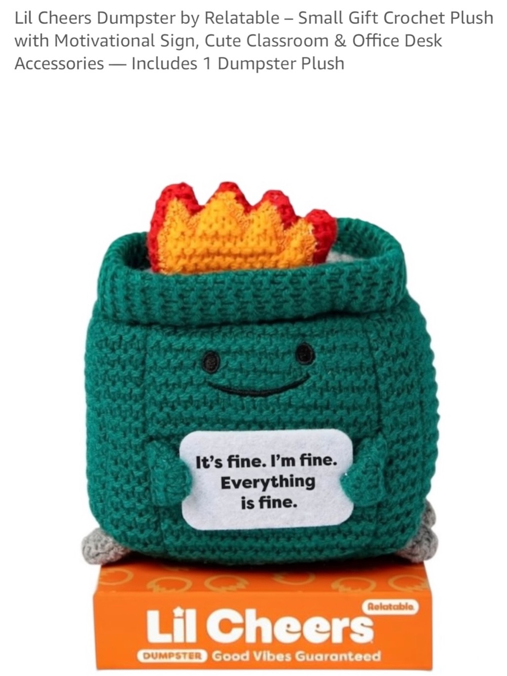 Lil Cheers - “Dumpster Fire” Crochet Plush – Teal with Yellow & Red Flame